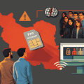 Illustration showing Iran depicted in red with people facing surveillance: cameras, a SIM card labeled Pro Internet, a crossed‑out globe on a smartphone, and a computer monitor.
