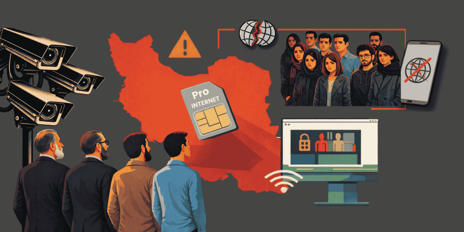 Illustration showing Iran depicted in red with people facing surveillance: cameras, a SIM card labeled Pro Internet, a crossed‑out globe on a smartphone, and a computer monitor.