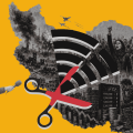 Collage showing journalists filming protests in Iran, overlaid with imagery of conflict and money on an orange background.