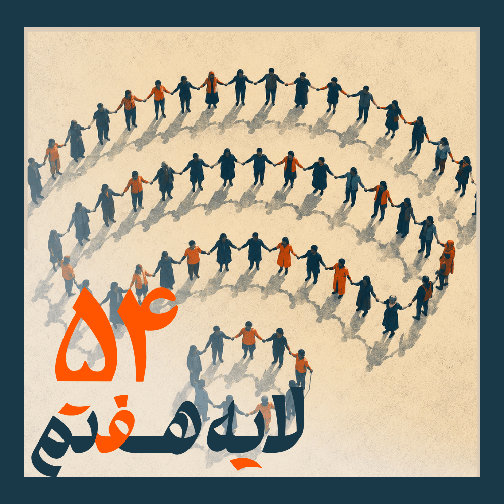 Diverse people holding hands to form a large heart shape on a beige background, with bold orange and black Arabic text overlay.