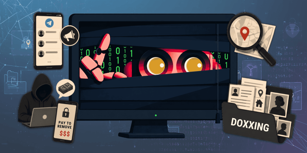 Hooded hacker at a laptop, peering from a server as a red-eyed intruder, with doxxing files and a magnifying glass nearby and a payment-to-remove phone UI in the foreground, illustrating data breach.