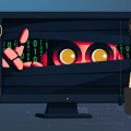Hooded hacker at a laptop, peering from a server as a red-eyed intruder, with doxxing files and a magnifying glass nearby and a payment-to-remove phone UI in the foreground, illustrating data breach.