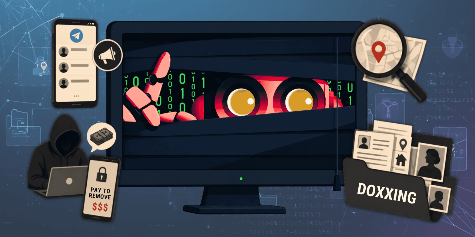 Hooded hacker at a laptop, peering from a server as a red-eyed intruder, with doxxing files and a magnifying glass nearby and a payment-to-remove phone UI in the foreground, illustrating data breach.