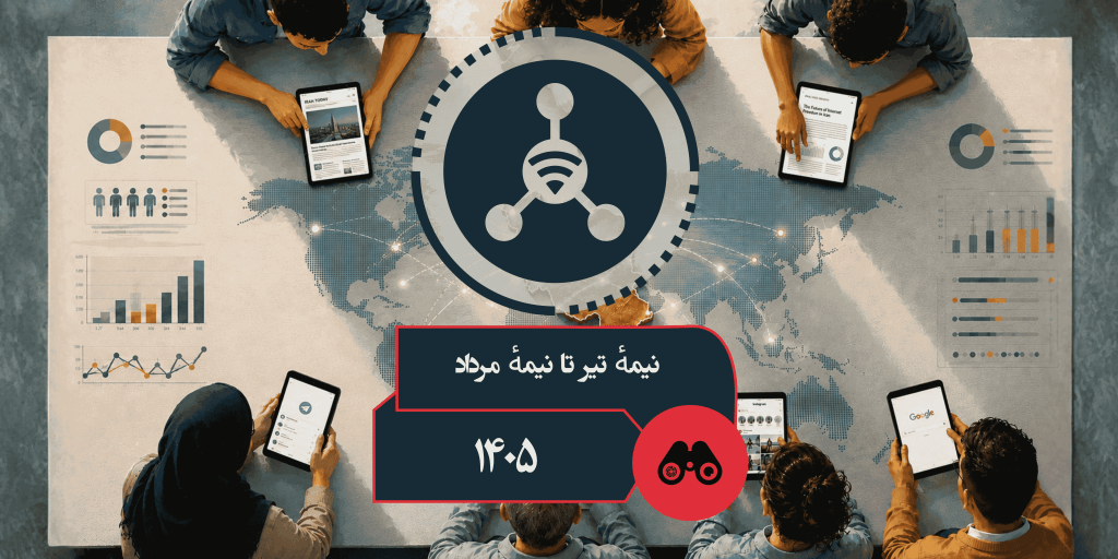 Top-down view of several people around a table using tablets, with a world map infographic and a large central network logo; a dark blue speech bubble with Persian text overlays the image.
