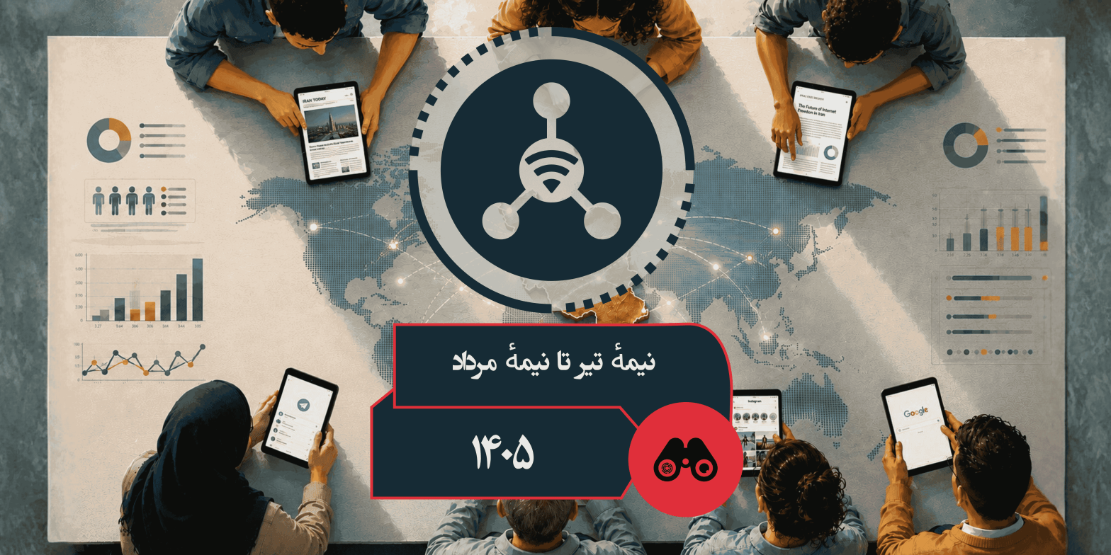 Top-down view of several people around a table using tablets, with a world map infographic and a large central network logo; a dark blue speech bubble with Persian text overlays the image.