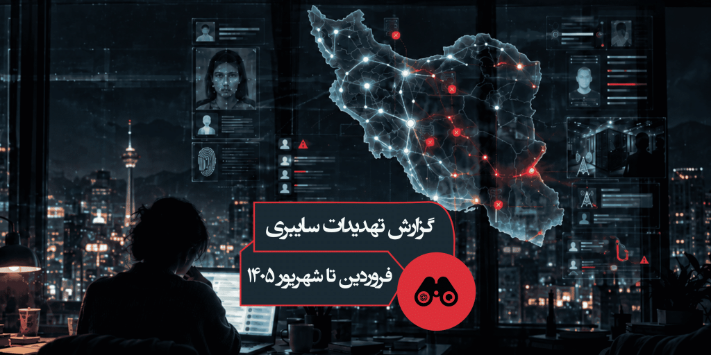 نقشه ایران با شبکه‌های نورانی و هشدارهای امنیتی، عنوان گزارش تهدیدات سایبری فروردین تا شهریور ۱۴۰۱