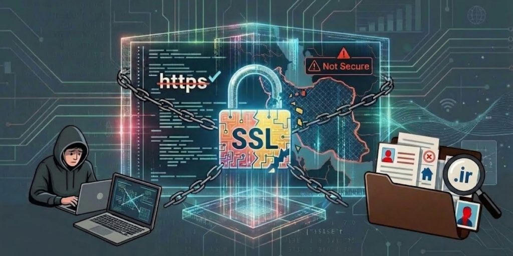 Cybersecurity illustration: hacker at a laptop behind a chained SSL lock and a 'Not Secure' warning