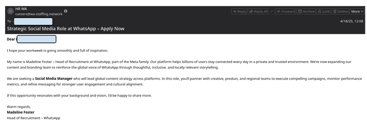 An image of a fake email attempting to impersonate the WhatsApp recruitment team at Meta. - Filterwatch