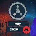 Tech-themed banner with a large central network icon, a person viewing a smartphone, and a May 2026 date block—suggesting a tech event or update.