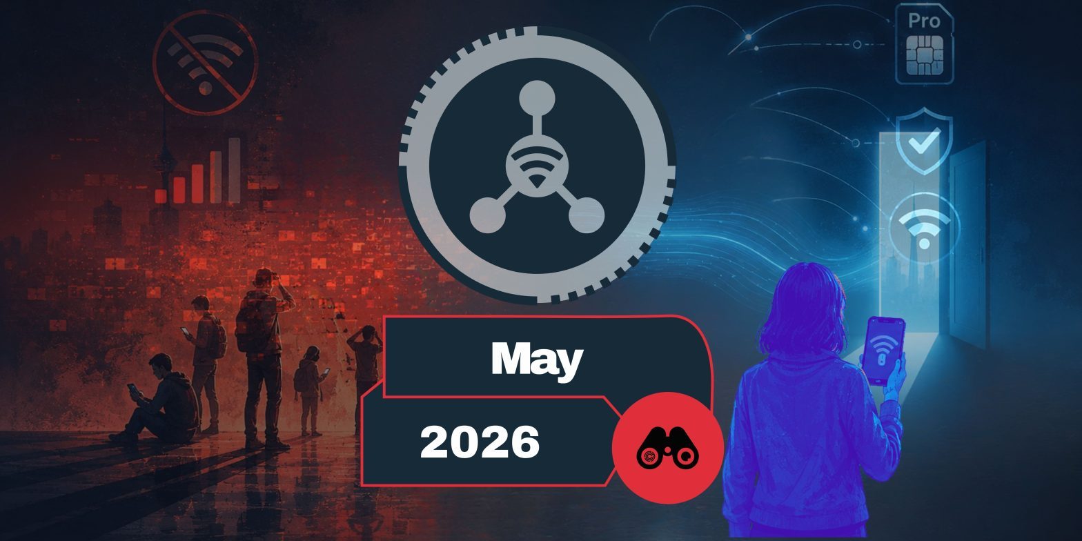 Tech-themed banner with a large central network icon, a person viewing a smartphone, and a May 2026 date block—suggesting a tech event or update.