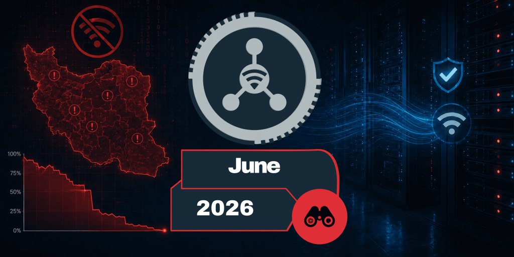 Cybersecurity montage with a red danger map, central network hub symbol, and blue server racks, plus a June 2026 headline.