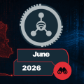 Cybersecurity montage with a red danger map, central network hub symbol, and blue server racks, plus a June 2026 headline.