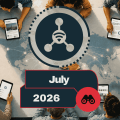 Overhead view of a data infographic with people around a table, a central network icon, and a July 2026 label on a dark banner.