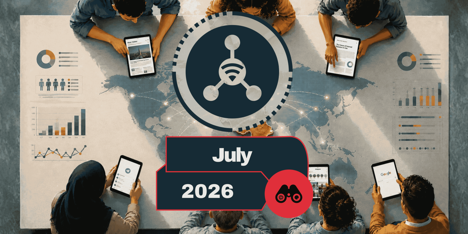 Overhead view of a data infographic with people around a table, a central network icon, and a July 2026 label on a dark banner.