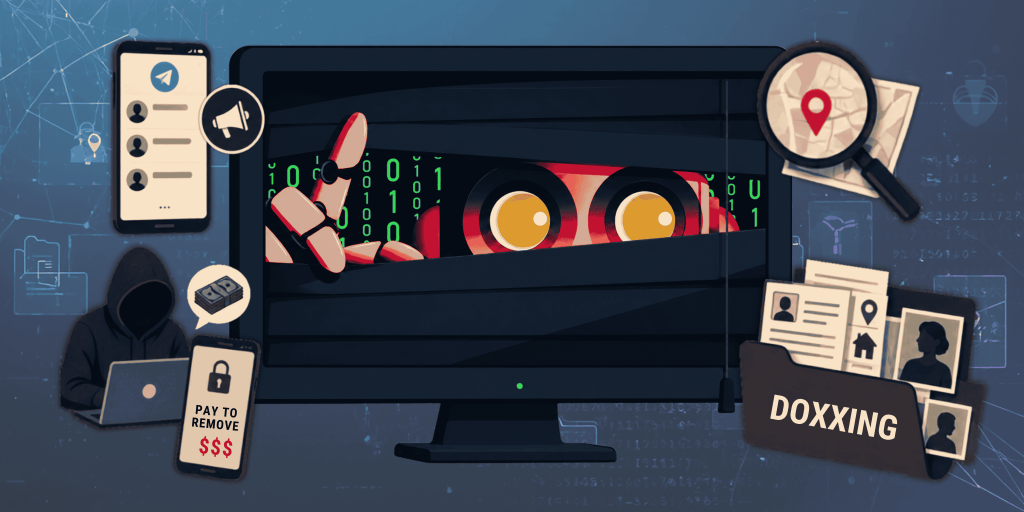 Cartoon hacker peeking from a computer server with a red robotic eye, surrounded by phones and doxxing documents, symbolizing cybercrime.