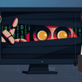 Cartoon hacker peeking from a computer server with a red robotic eye, surrounded by phones and doxxing documents, symbolizing cybercrime.