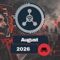 Tech-themed banner with a man's profile, network icon, city skyline, and the label 'August 2026'.