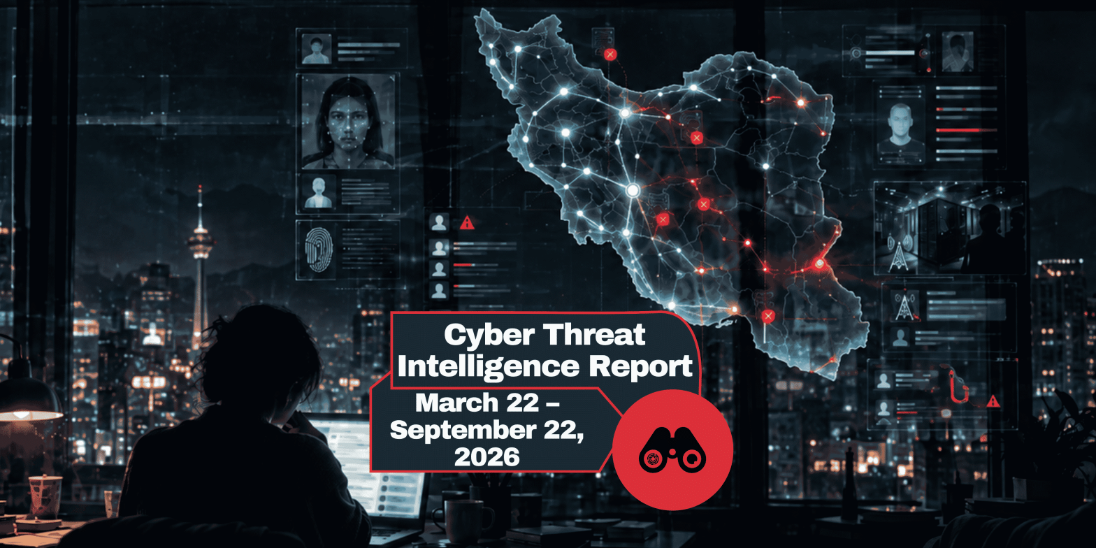 Futuristic command center with a glowing networked map of a country and data screens in the background, overlaid by a banner reading 'Cyber Threat Intelligence Report' with dates and a red icon.