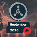 Cybersecurity-themed banner showing a network icon, connected nodes, and a bold 'September 2026' label over a red-tinted city skyline at sunset with satellites overhead.
