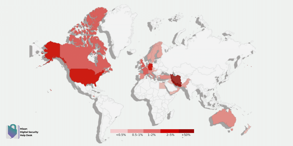 Worldwide choropleth map showing regional percentage changes with red hues; legend at bottom ranges from